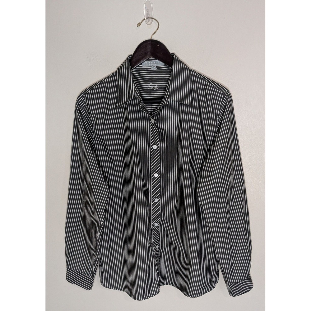 Foxcroft Wrinkle-Fee Shaped Fit Black/White Striped Button-Down Shirt Size 12